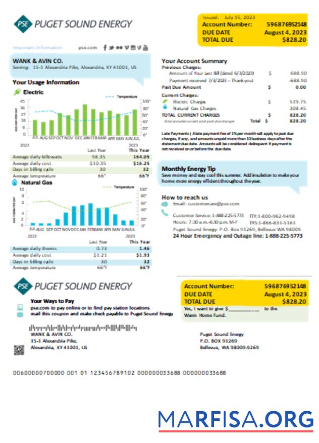 Downloadable Washington Puget Sound Energy utility business bill, SCR download for verification